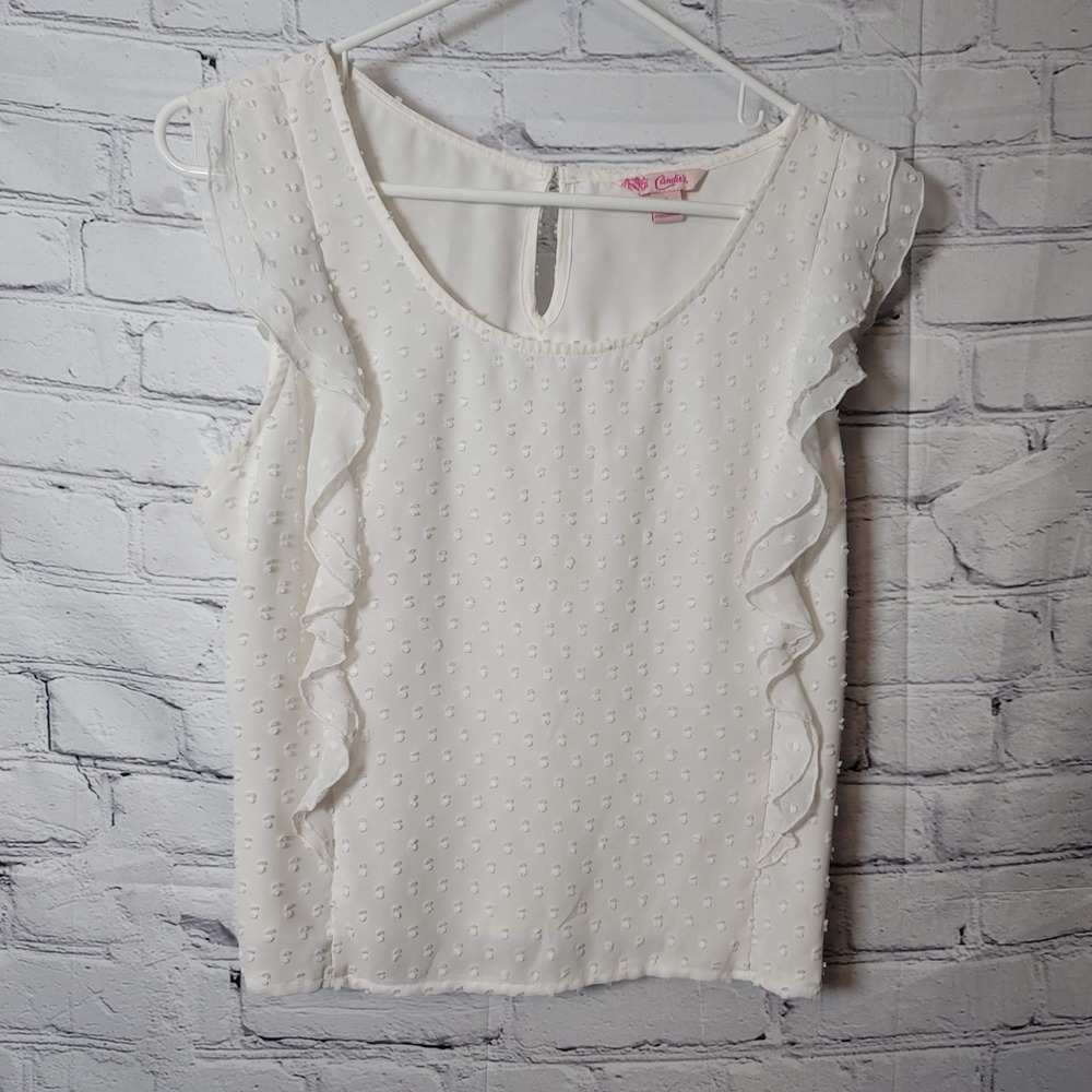 Candie's Blouse Juniors Large White Swiss Dot Ruffle Sleeveless Chiffon Top